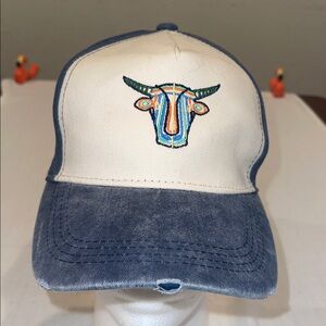 Blue and Cream Bull Embroidered Cap back strap OSFM distressed look.
